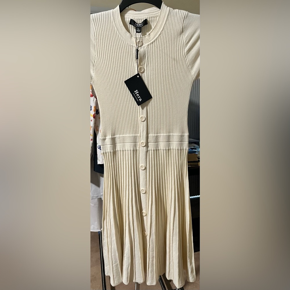 Hera Collection Ivory Ribbed Faux Button-Down Knit Dress